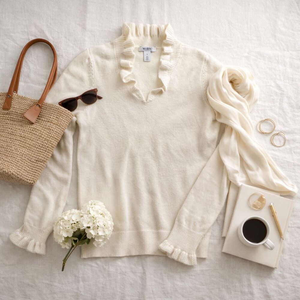 WHBM Ivory Ruffle Neck Sweater Medium Quiet Luxury Coastal Grandma